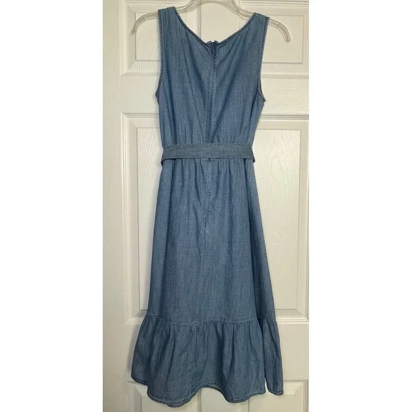 Talbots Denim Dress Women Size 4 Blue Sleeveless Chambray Tassel Belt Ruffle Hem - Picture 2 of 9